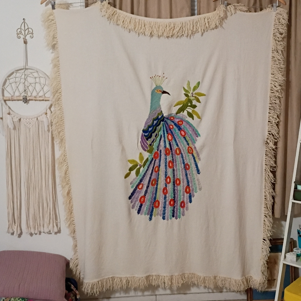 Boho Cream Wall Tapestry  Blanet with Embroidered Peacock